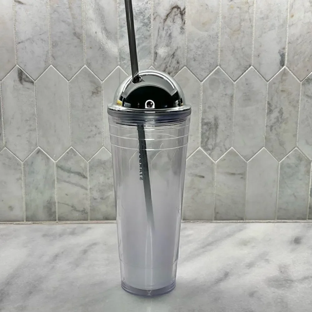 Vintage 2012 Starbucks Dome Shaped Frosted Snow Hombre Chrome Lid Tumbler 24oz